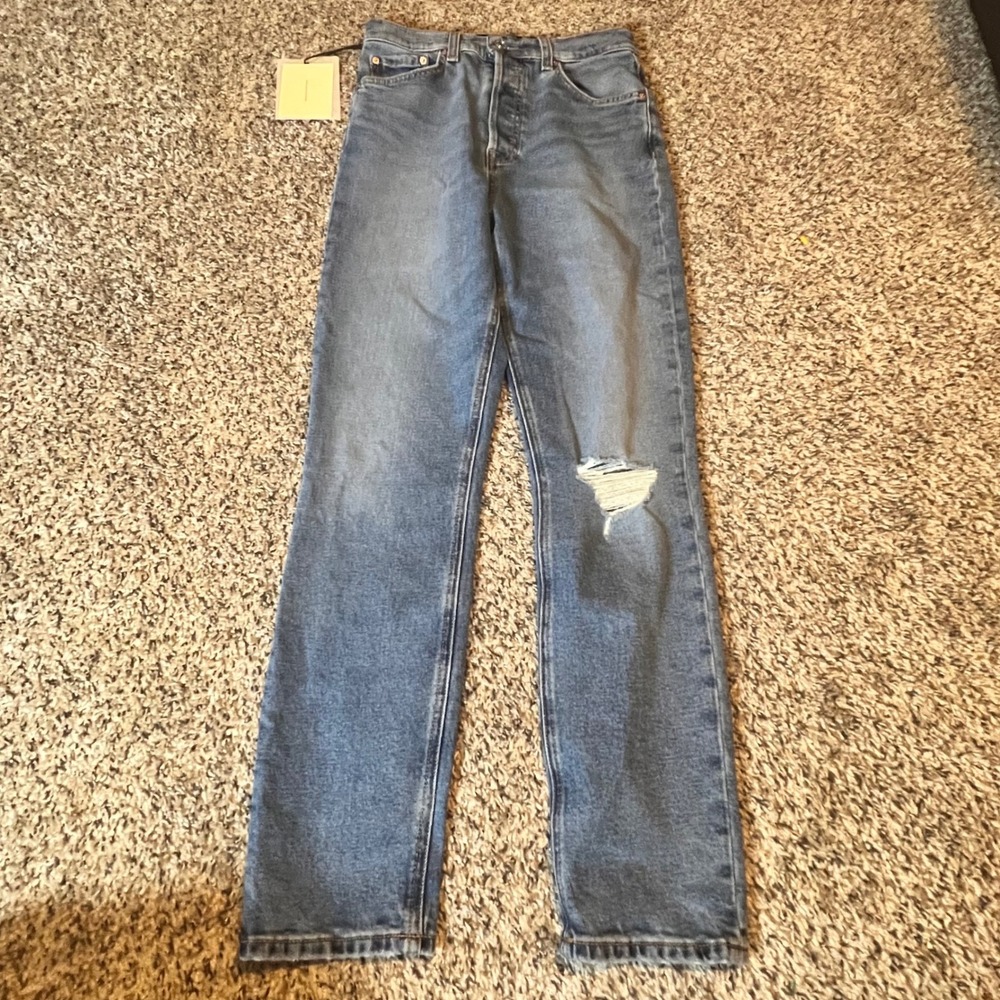 GRLFRND The Piper Super High Rise Stretch Slim Crop Jeans Blue Distressed 25